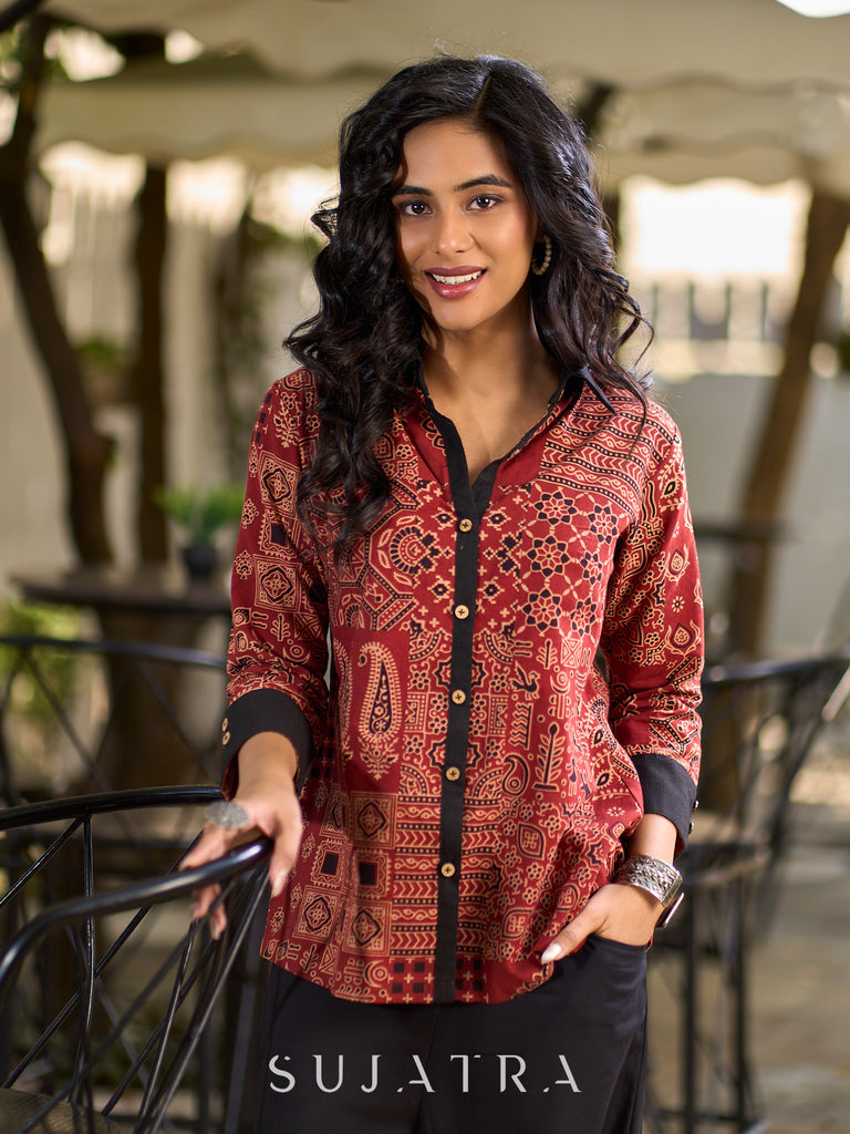 Artisan Maroon Ajrakh Patchwork Printed Cotton Shirt with Contrast Collar & Cuffs