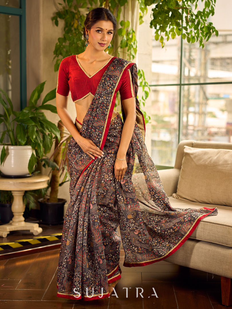 Flourishing Dark Grey All-Over Kalamkari Floral Chanderi Saree with Gold Woven Zari Border & Maroon Hem Accent