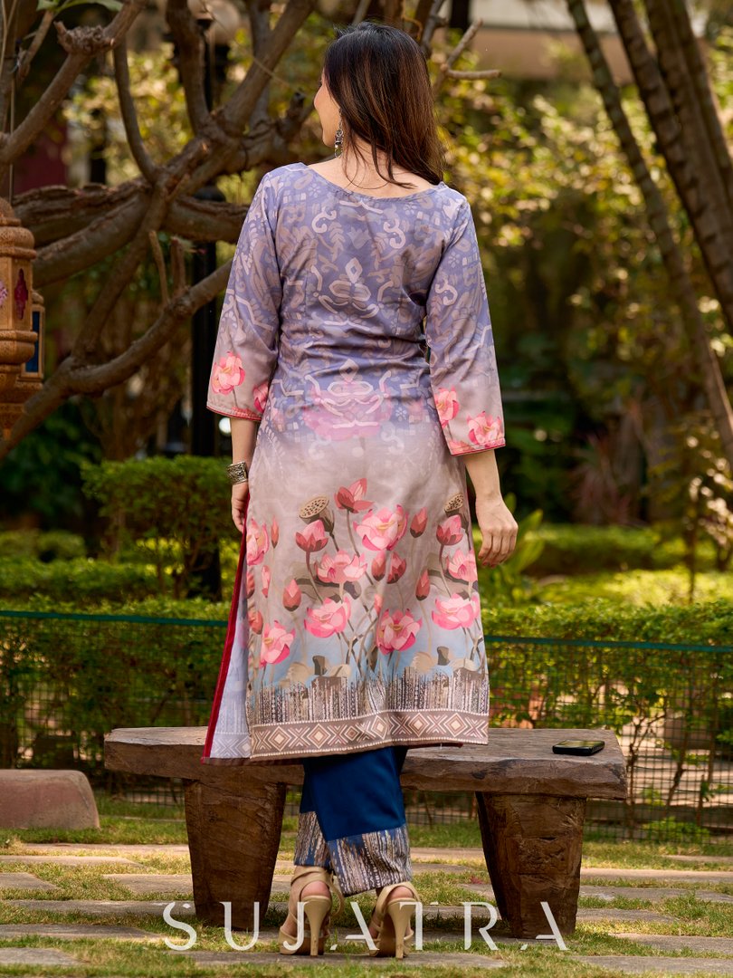 Chic grey kurta adorned with artistic abstract Pichwai print