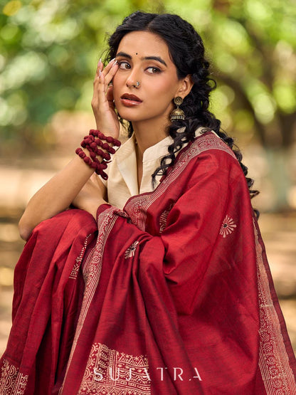 Chic Maroon Cotton Saree with Modern Abstract Hand Block Print