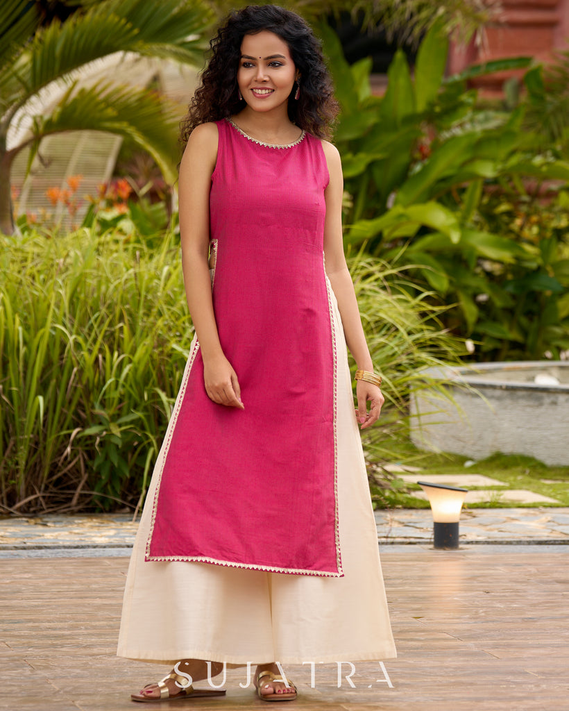 Elegant Striped Kurta in Pink with High Slit - Flared Pants Additional