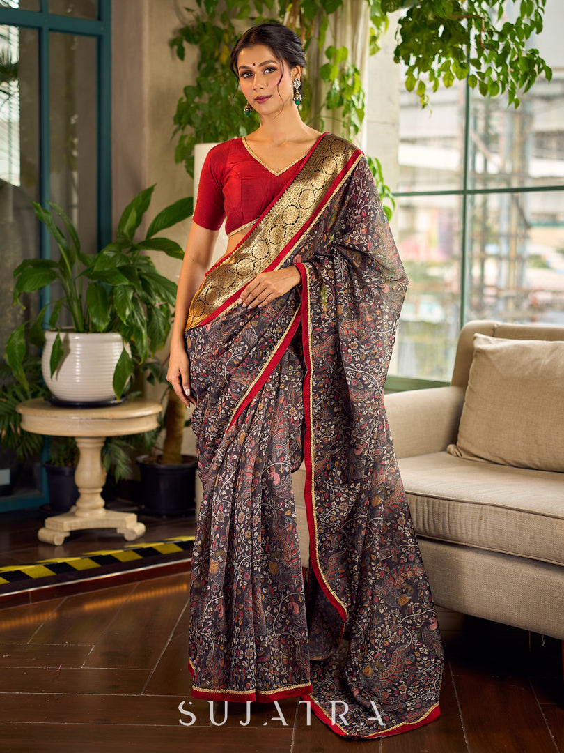 Flourishing Dark Grey All-Over Kalamkari Floral Chanderi Saree with Gold Woven Zari Border & Maroon Hem Accent