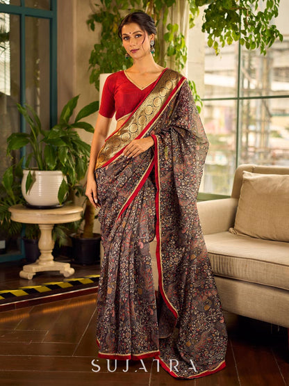 Flourishing Dark Grey All-Over Kalamkari Floral Chanderi Saree with Gold Woven Zari Border & Maroon Hem Accent