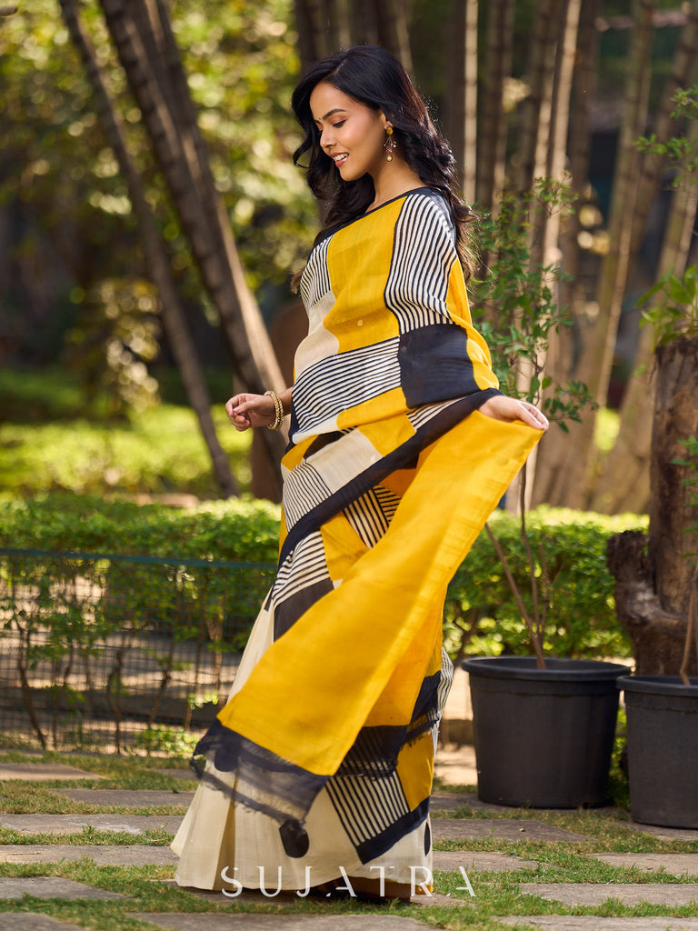 Modern Geometric Pure Silk Block Printed Saree Crafted in Striking Mustard and Classic Ivory Tones