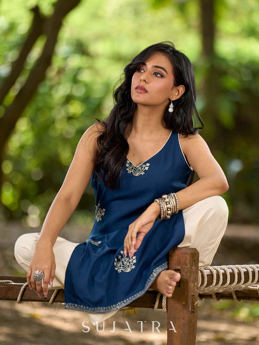 Effortless Navy Blue Rayon Sleeveless Kurta with Subtle Floral Hand Block Design