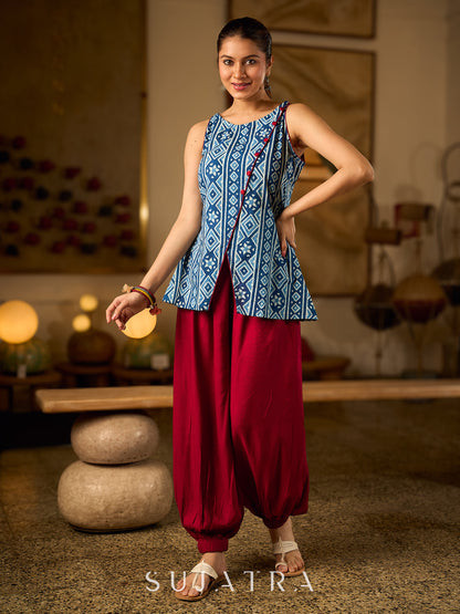 Elegant Indigo Geometric Cotton Top With An Asymmetrical Overlap Front and Maroon Highlights