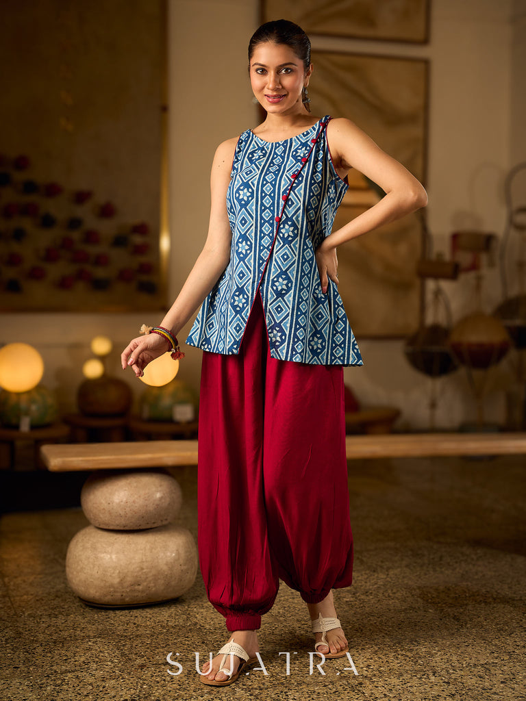 Elegant Indigo Geometric Cotton Top With An Asymmetrical Overlap Front and Maroon Highlights