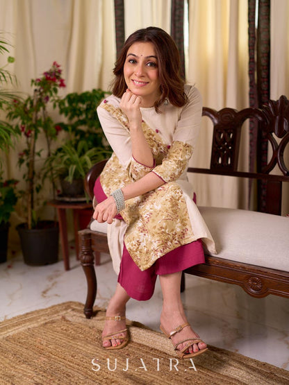 Refined Off White Cotton Straight Kurta with Floral Printed Panel and Button Embellishment