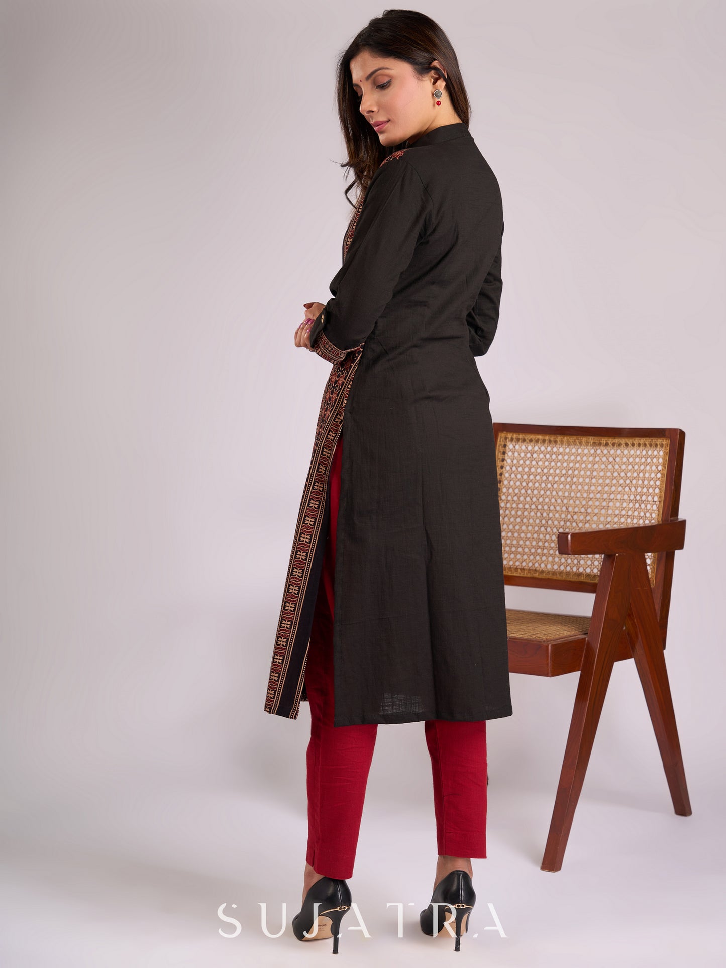 Timeless Black Cotton Kurta with Ajrakh Accents