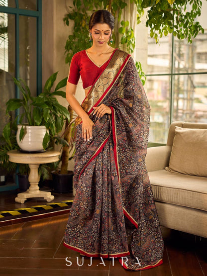 Flourishing Dark Grey All-Over Kalamkari Floral Chanderi Saree with Gold Woven Zari Border & Maroon Hem Accent