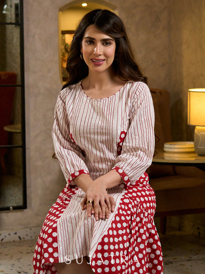 Retro White & Red Hand Block Printed Cotton Dress with Mixed Stripe & Dot Panels & Flounce Hem