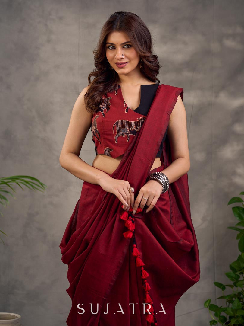 Rich Black Maroon Cotton Silk Overlapping Sleeveless Blouse with Ajrakh Animal Print