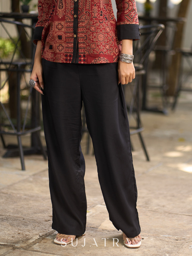 Artisan Maroon Ajrakh Patchwork Printed Cotton Shirt with Contrast Collar & Cuffs
