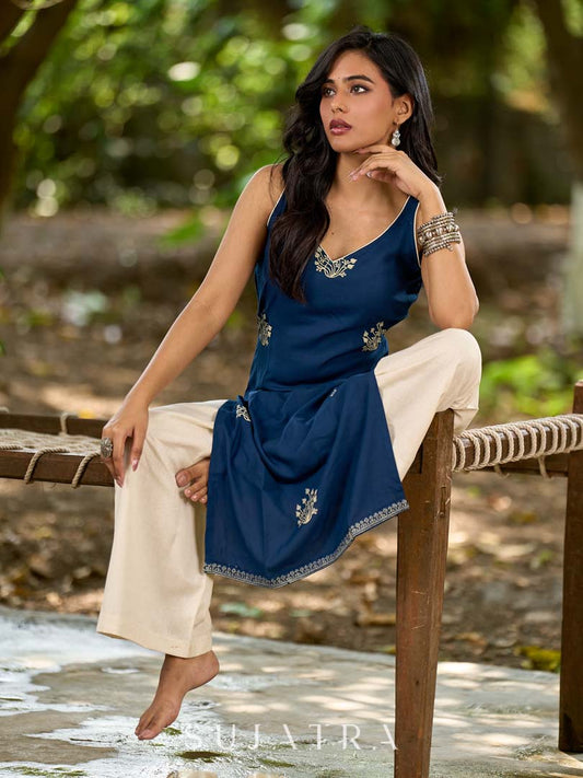 Effortless Navy Blue Rayon Sleeveless Kurta with Subtle Floral Hand Block Design
