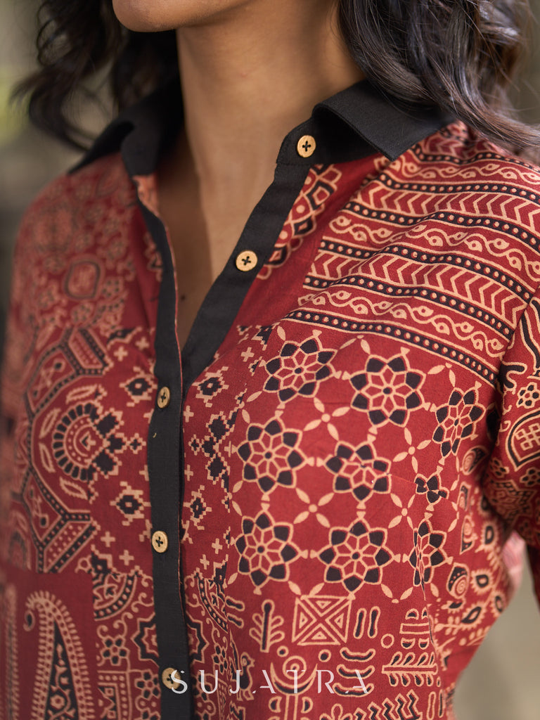 Artisan Maroon Ajrakh Patchwork Printed Cotton Shirt with Contrast Collar & Cuffs