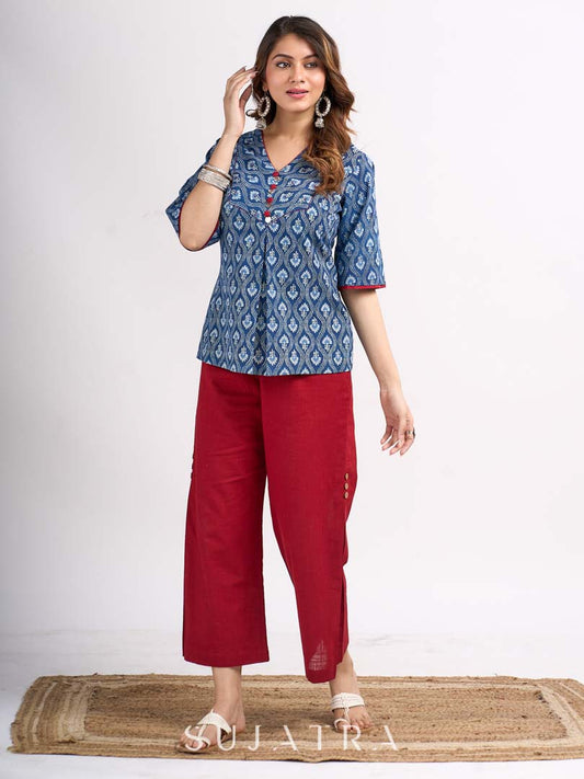 Indigo Floral Printed Summer Top with Contrasting Maroon Highlights