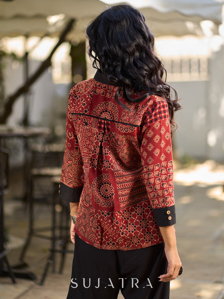 Artisan Maroon Ajrakh Patchwork Printed Cotton Shirt with Contrast Collar & Cuffs