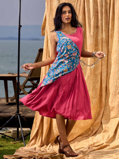 Rose Pink Pleated Wrap Dress with Floral Printed Blue Panel