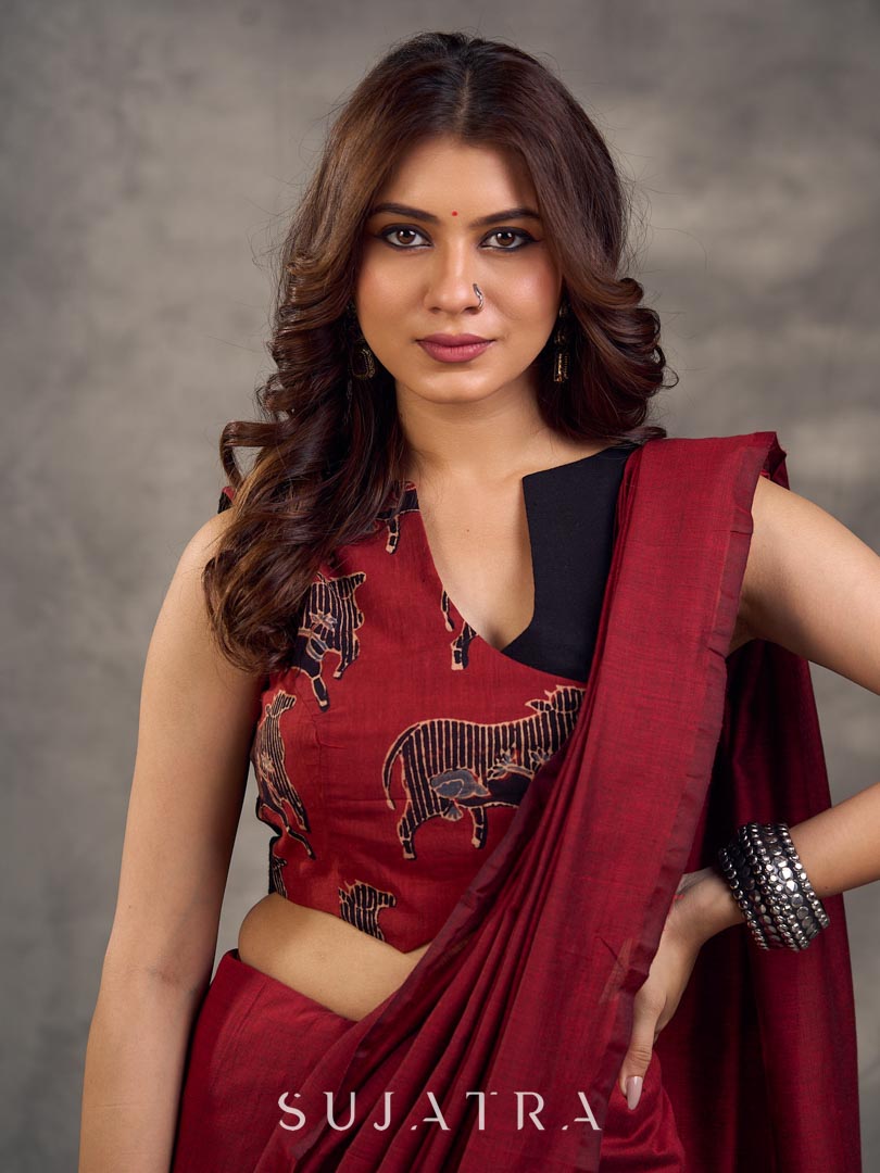 Rich Black Maroon Cotton Silk Overlapping Sleeveless Blouse with Ajrakh Animal Print