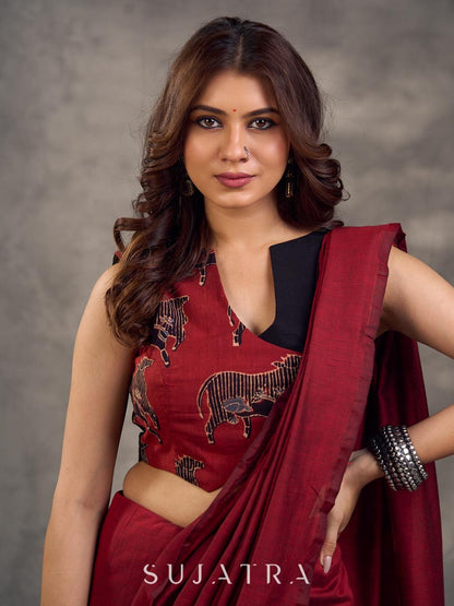 Rich Black Maroon Cotton Silk Overlapping Sleeveless Blouse with Ajrakh Animal Print