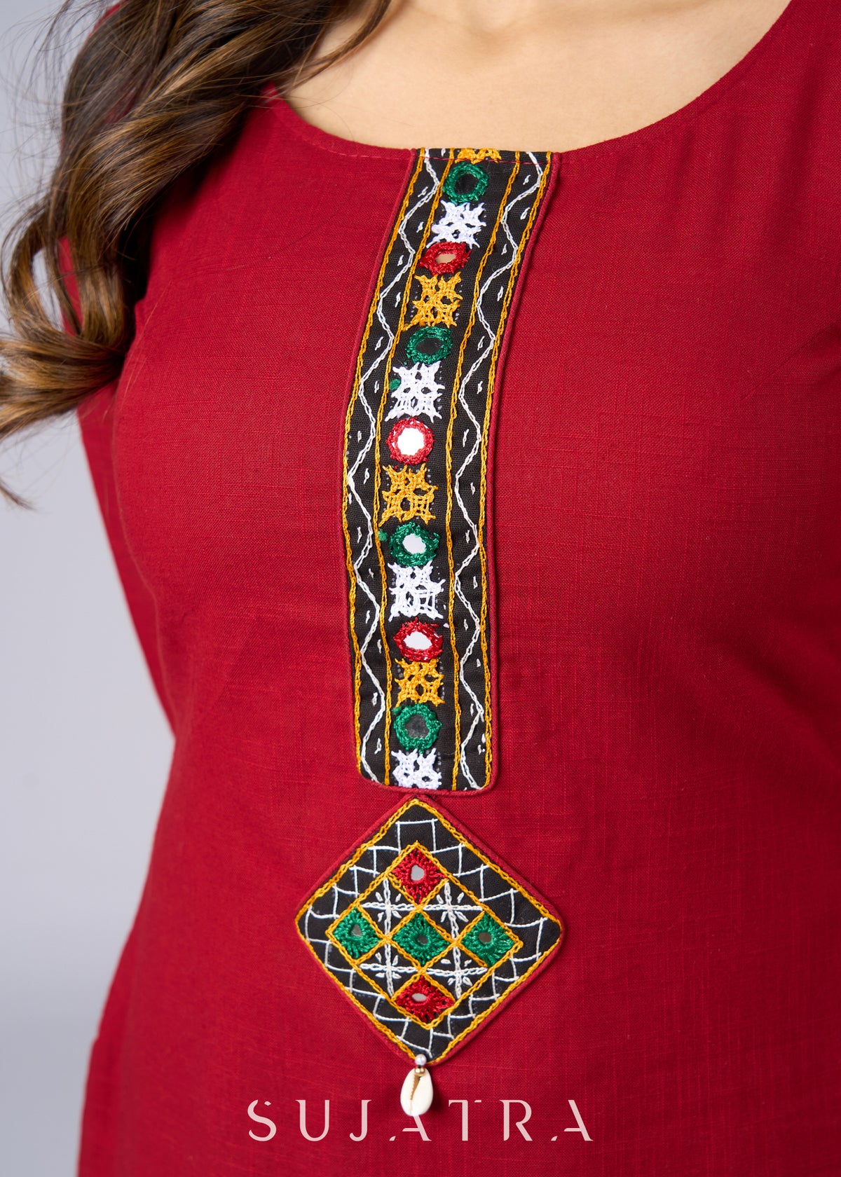 Dussehra Sale — Classy Maroon Cotton Mirror Work Tunic
