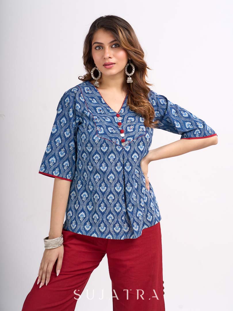 Indigo Floral Printed Summer Top with Contrasting Maroon Highlights