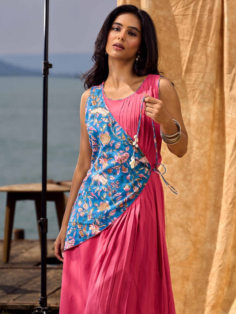 Rose Pink Pleated Wrap Dress with Floral Printed Blue Panel