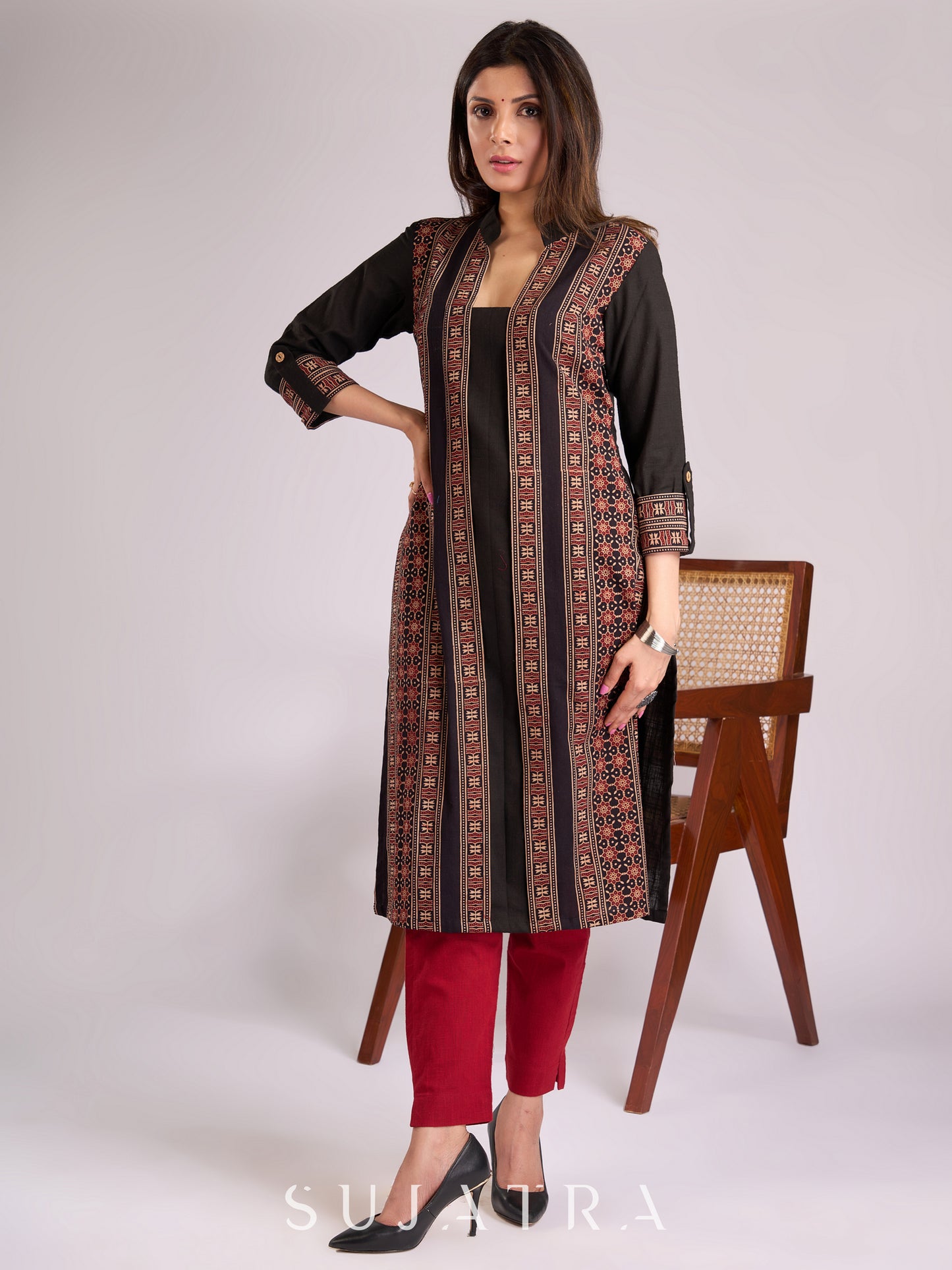 Timeless Black Cotton Kurta with Ajrakh Accents