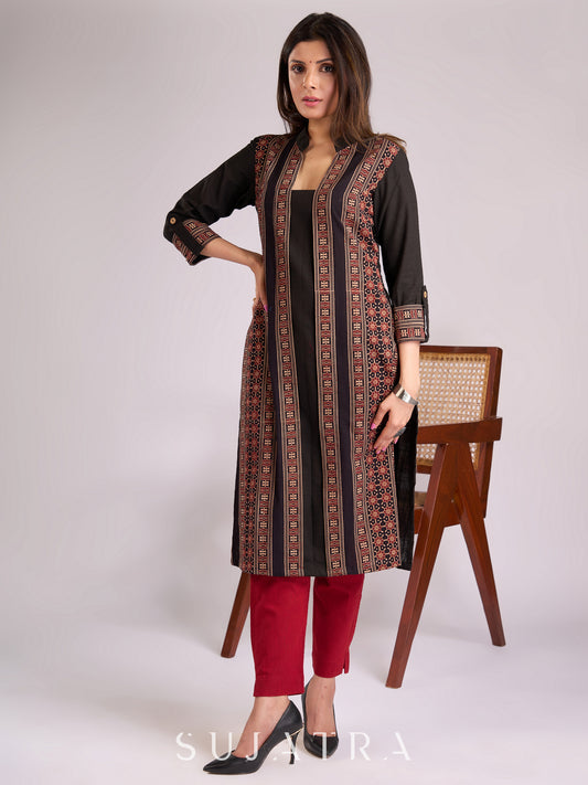 Timeless Black Cotton Kurta with Ajrakh Accents