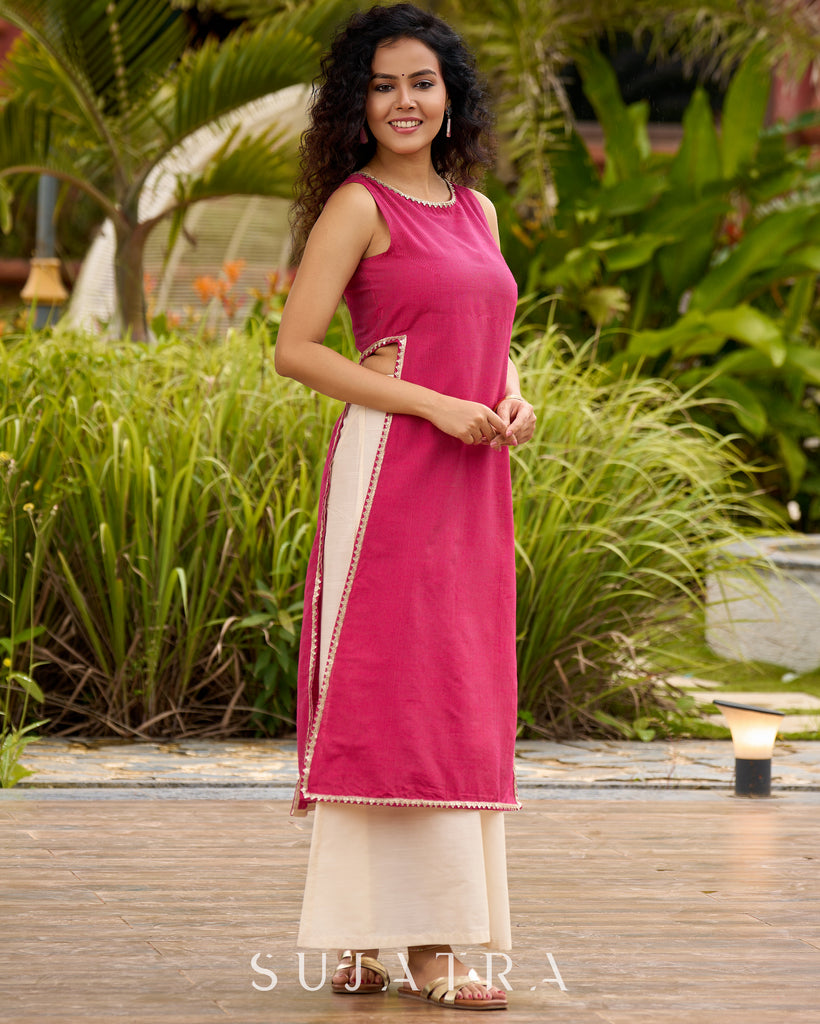 Elegant Striped Kurta in Pink with High Slit - Flared Pants Additional