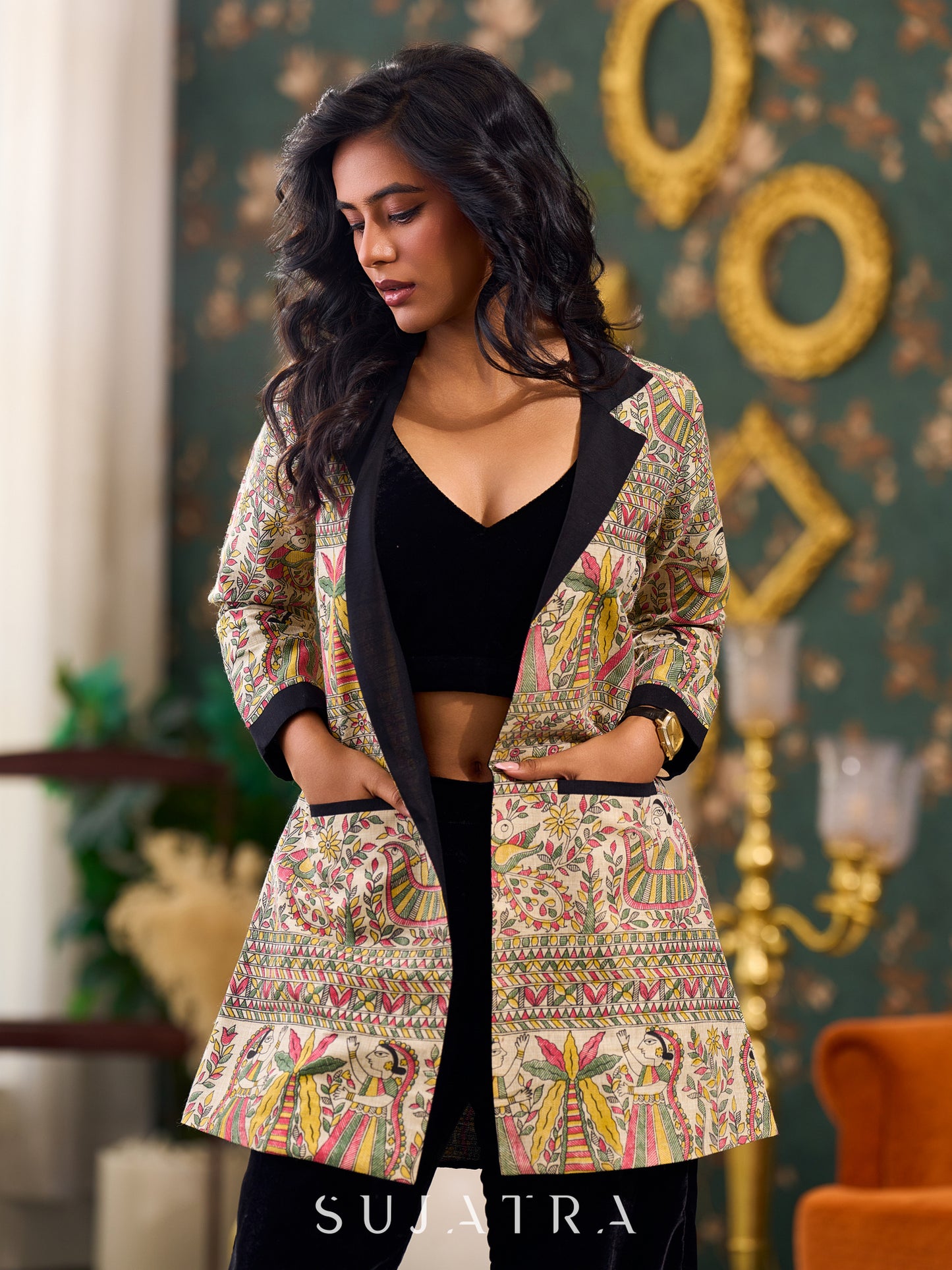Madhubani Printed Jacket Elegantly Highlighted With Black Silk Collar, Cuffs, And Pockets - Velvet Pant optional
