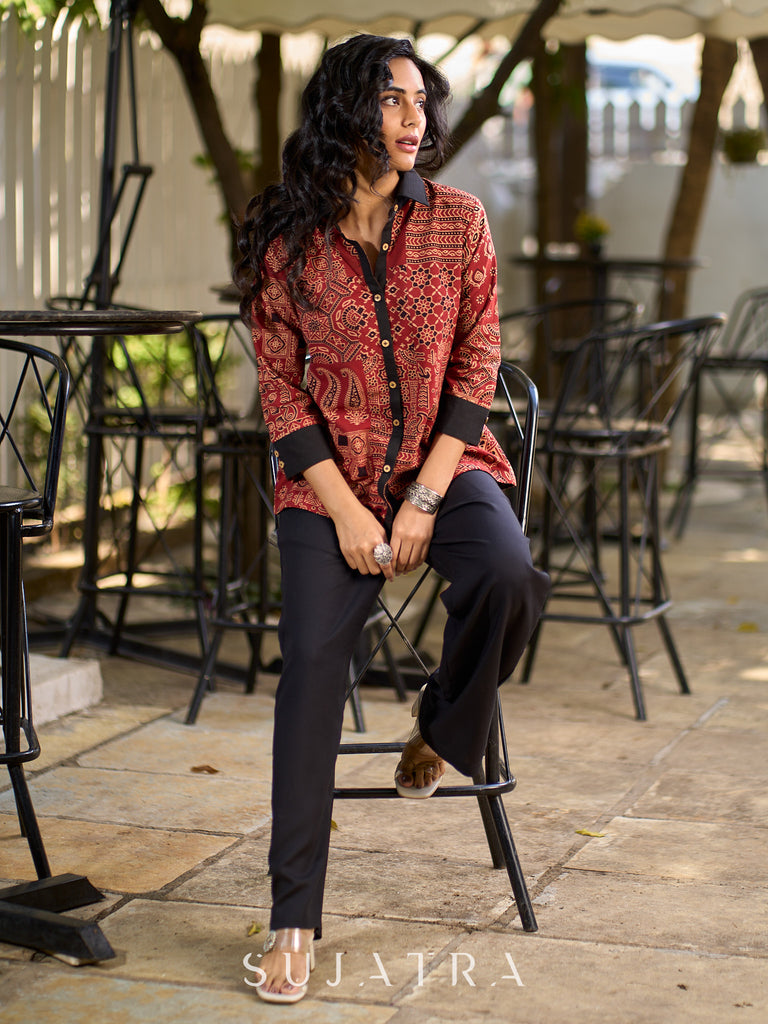 Artisan Maroon Ajrakh Patchwork Printed Cotton Shirt with Contrast Collar & Cuffs