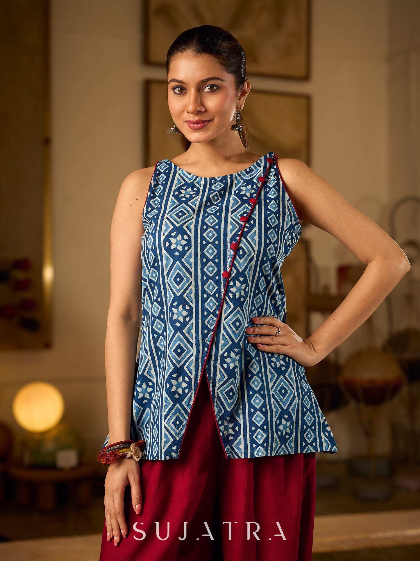 Elegant Indigo Geometric Cotton Top With An Asymmetrical Overlap Front and Maroon Highlights