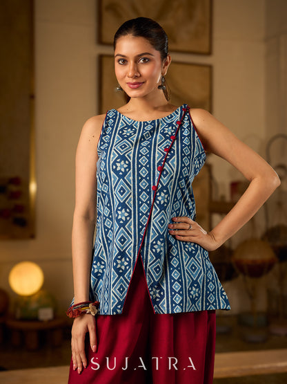 Elegant Indigo Geometric Cotton Top With An Asymmetrical Overlap Front and Maroon Highlights