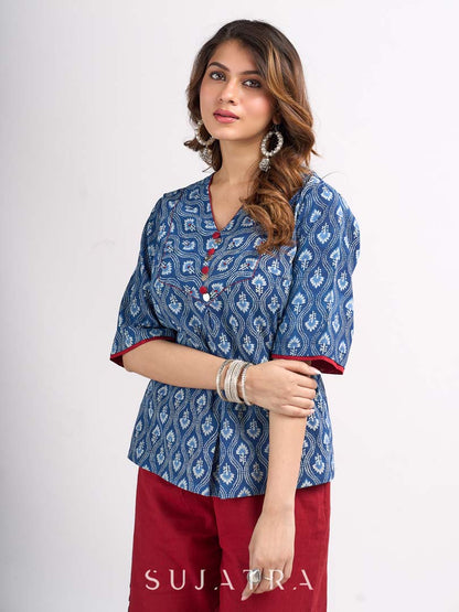 Indigo Floral Printed Summer Top with Contrasting Maroon Highlights
