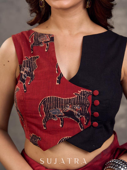 Rich Black Maroon Cotton Silk Overlapping Sleeveless Blouse with Ajrakh Animal Print
