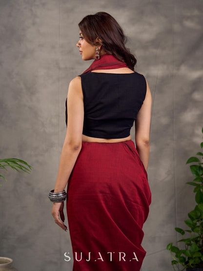 Rich Black Maroon Cotton Silk Overlapping Sleeveless Blouse with Ajrakh Animal Print