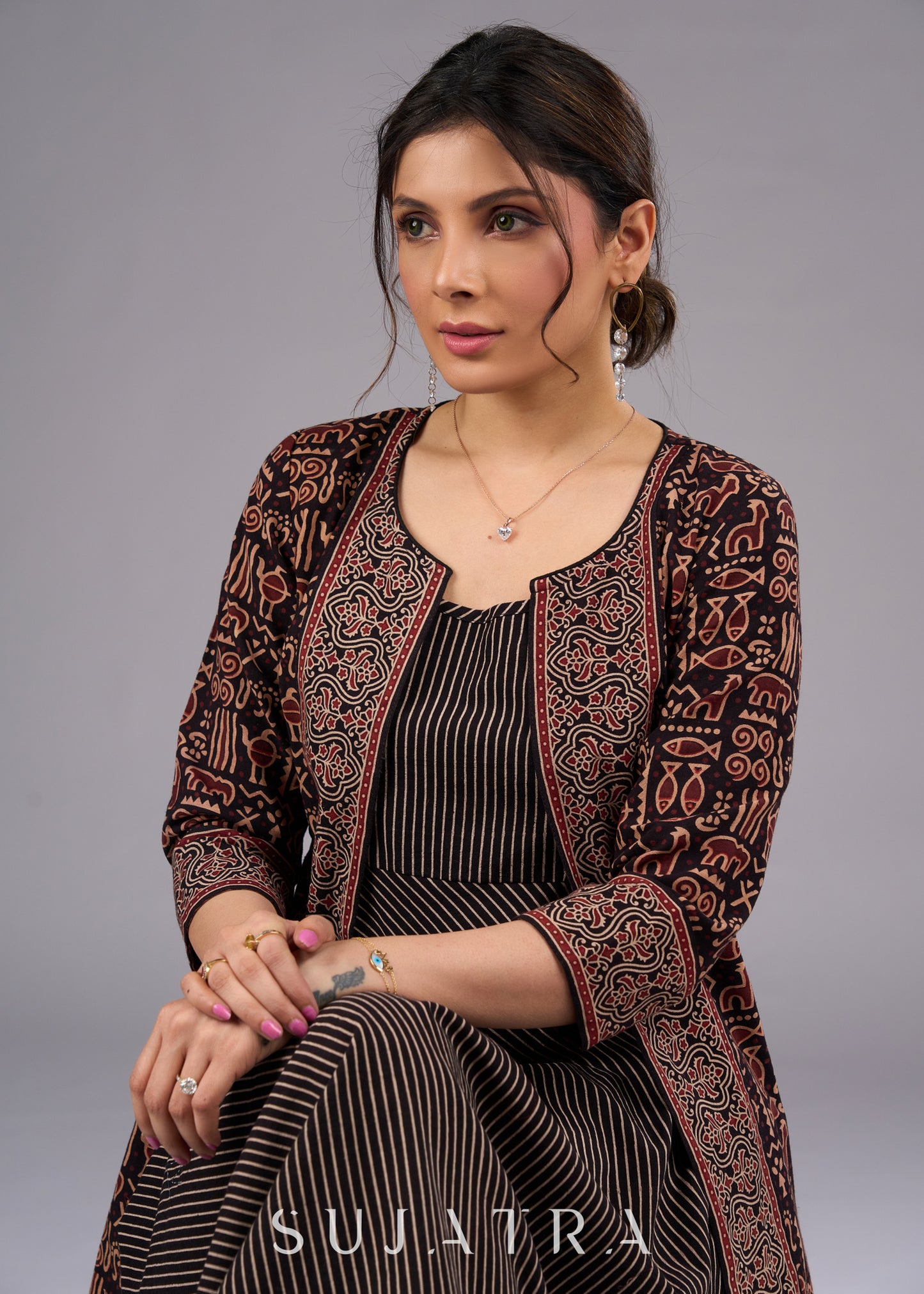 Mystic Fauna Black Ajrakh Print Jacket - Dress optional