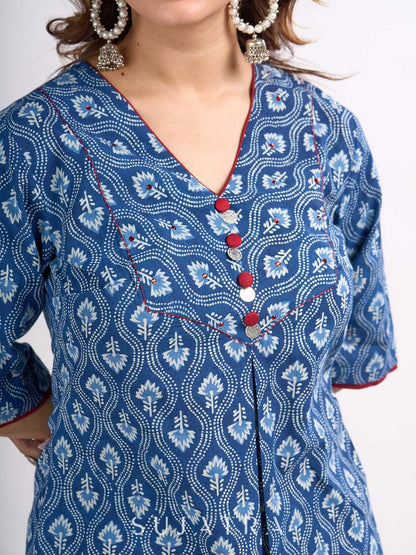 Indigo Floral Printed Summer Top with Contrasting Maroon Highlights