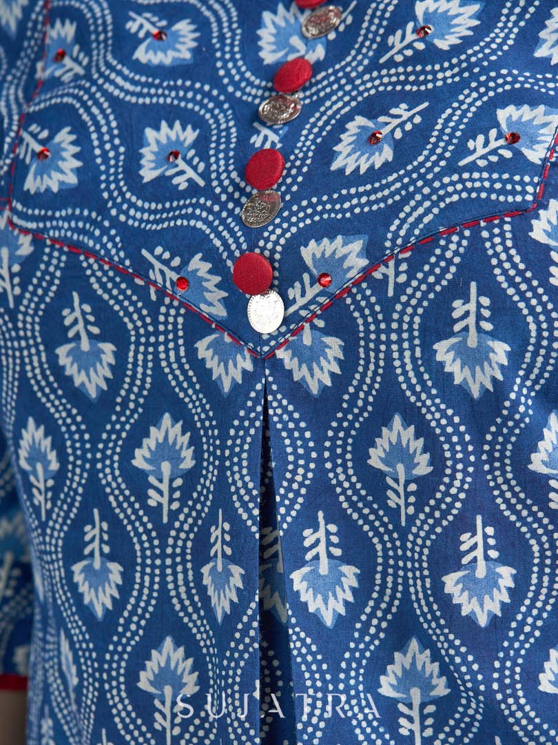 Dussehra Sale — Indigo Floral Printed Summer Top with Contrasting Maroon Highlights