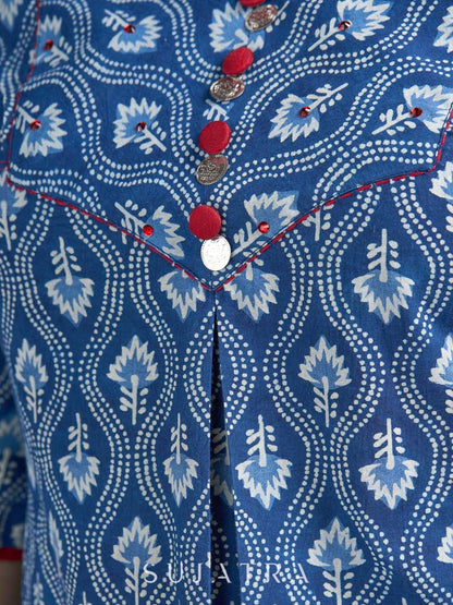 Indigo Floral Printed Summer Top with Contrasting Maroon Highlights