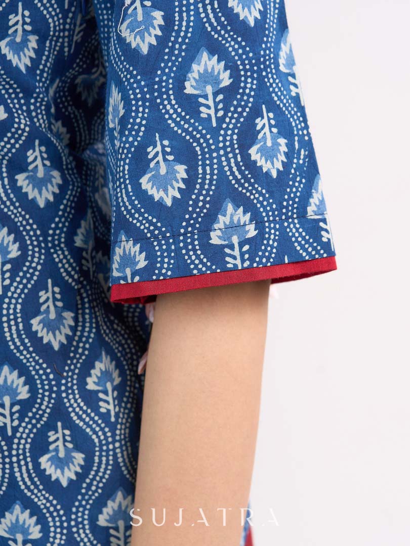 Indigo Floral Printed Summer Top with Contrasting Maroon Highlights