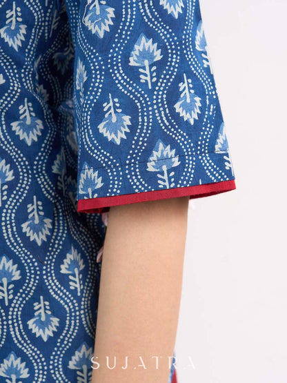 Indigo Floral Printed Summer Top with Contrasting Maroon Highlights
