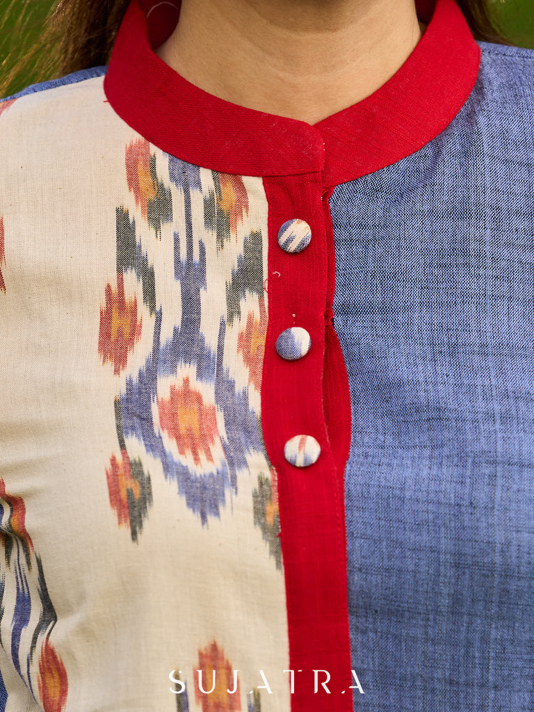 Contemporary Cream and Blue Ikat Half-and-Half Kurta