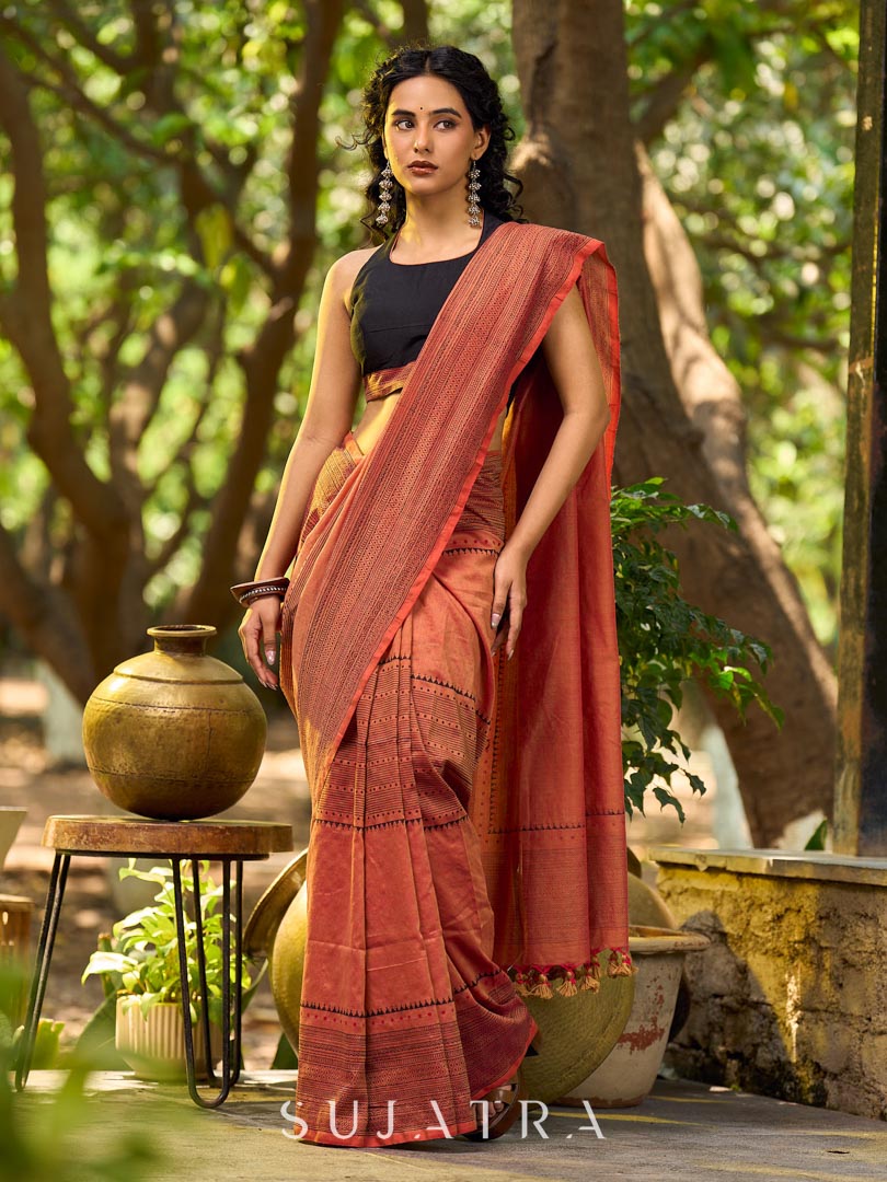Black Cotton Silk Sleeveless Blouse with Artisan Hand Block Print Border
