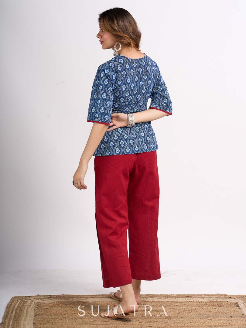 Indigo Floral Printed Summer Top with Contrasting Maroon Highlights