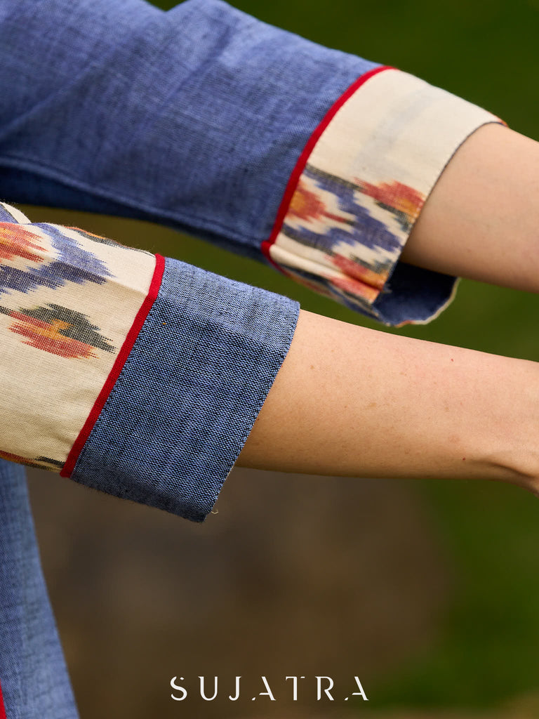 Contemporary Cream and Blue Ikat Half-and-Half Kurta