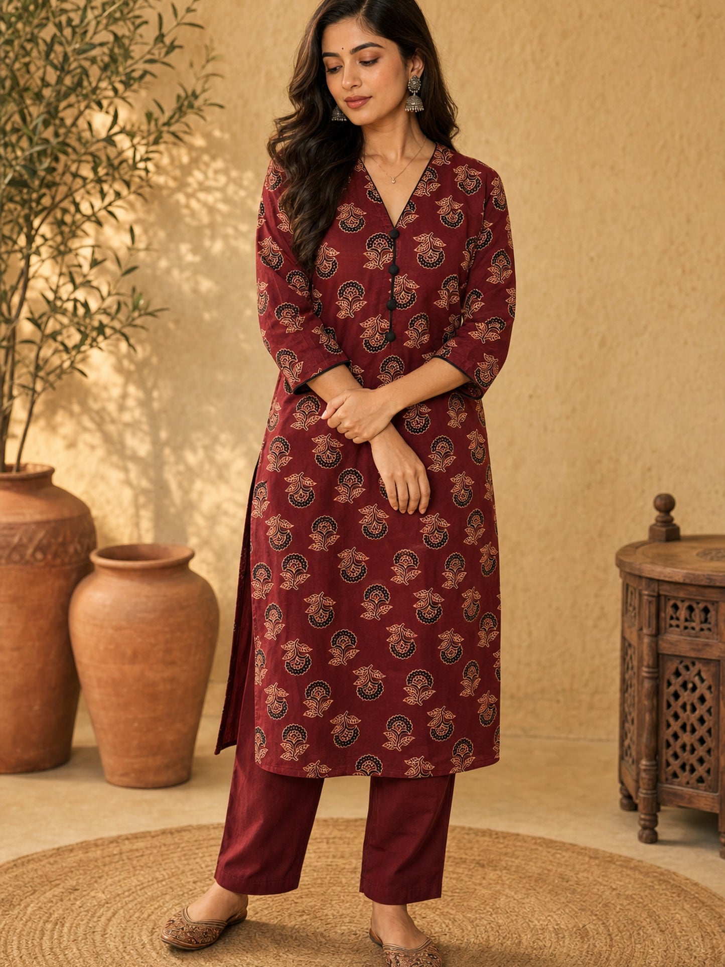 Refined Maroon Cotton Pencil Pants