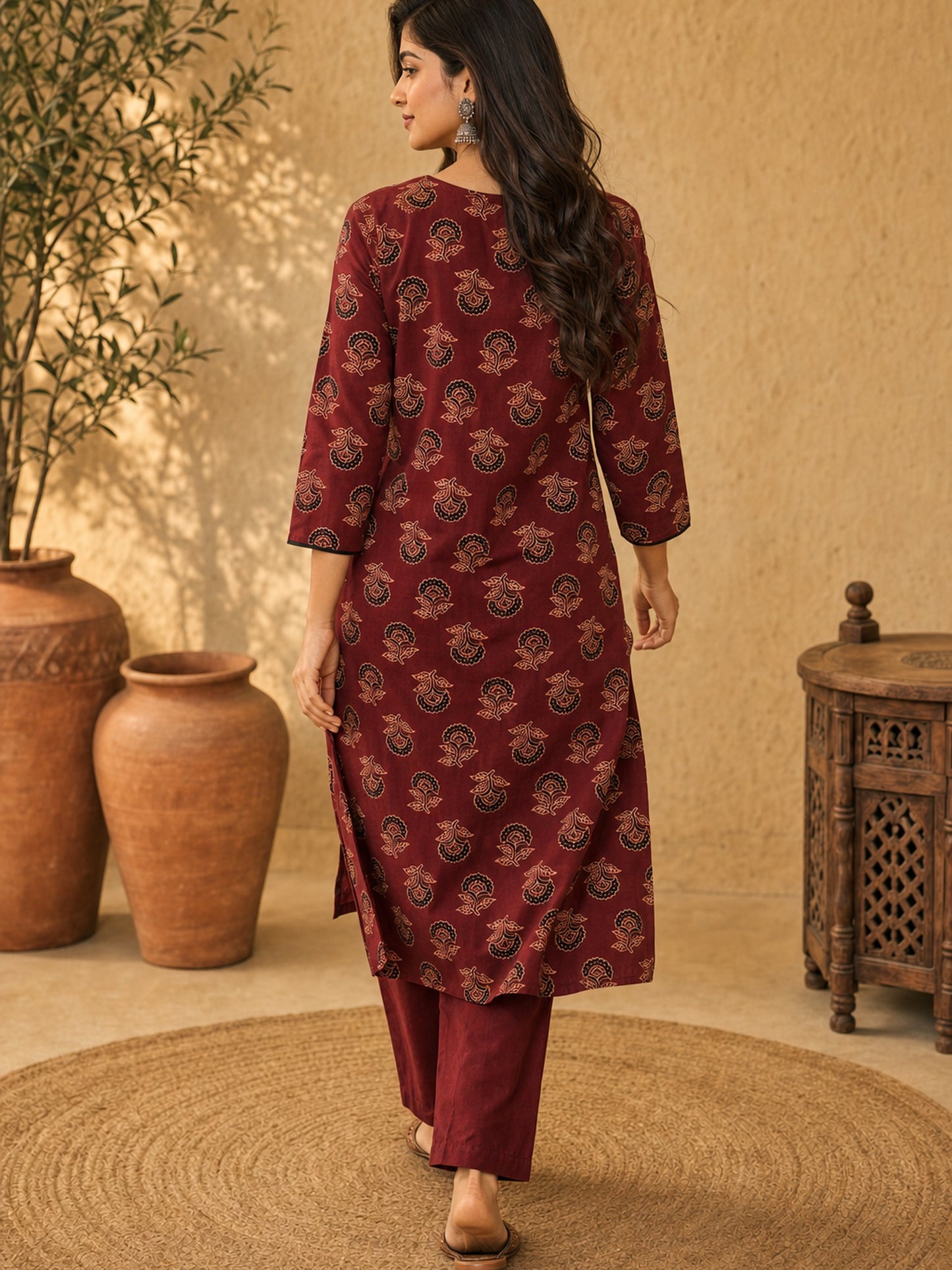 Maroon Ajrakh Cotton Kurta with Floral Print & Black Accents