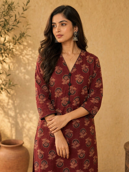 Maroon Ajrakh Cotton Kurta with Floral Print & Black Accents